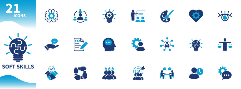 Soft skills icon. Set of icons for thinking, leadership, connection, awareness, ideas, collaboration, presentation
