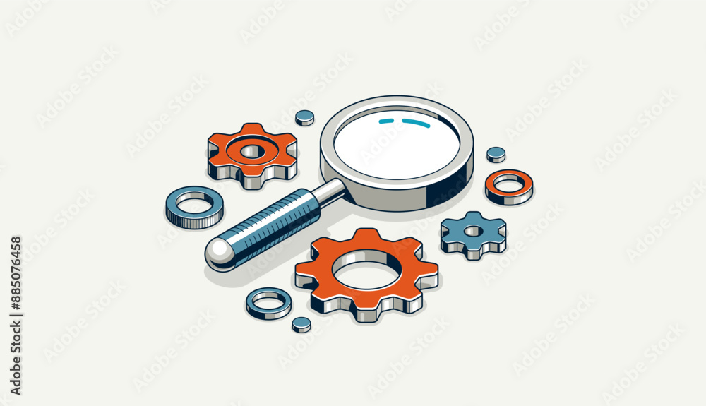Poster mechanical engineering research and solution concept, gears with magnifier 3d isometric vector desig