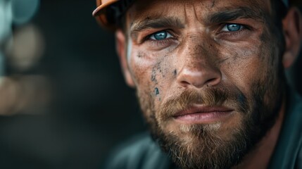 Skilled Tradesmen Working in a Factory Setting Close-Up Portrait of a Hardworking Industrial Worker with Dirt on his Face and a Focused Expression, Wearing a Safety Helmet and Protective Gear in a