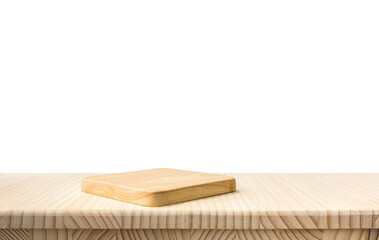 Chopping board on endgrain wood table or kitchen counter bar
