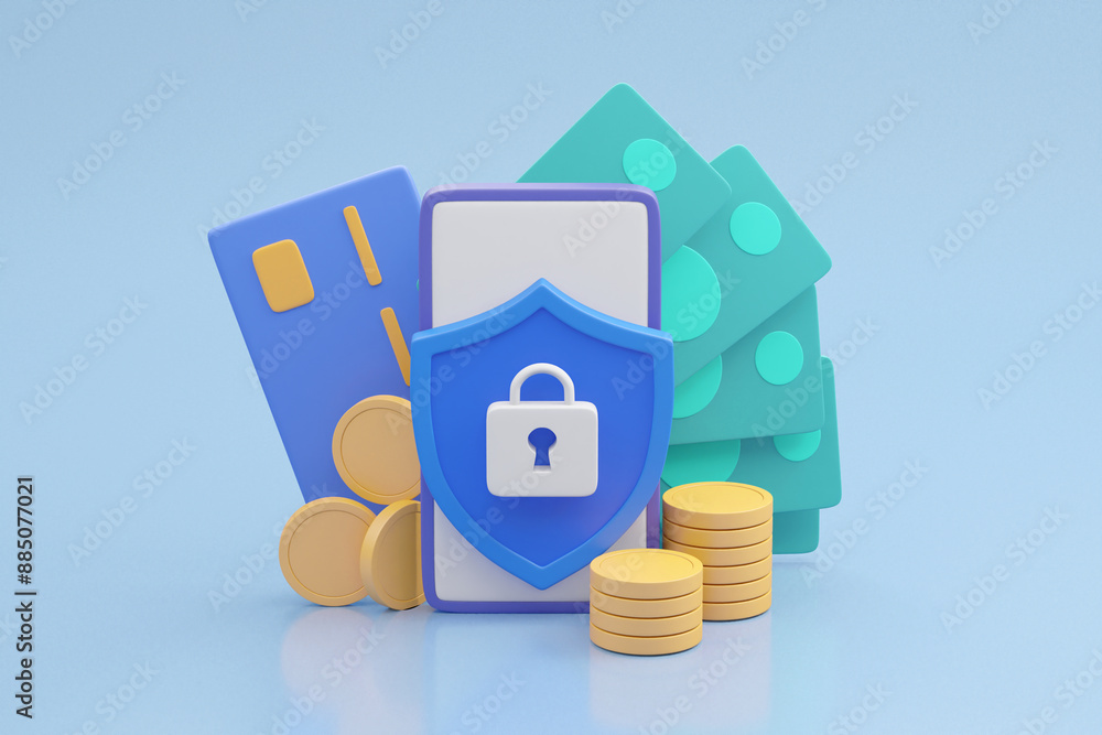 Poster a detailed 3d render emphasizing the security and reliability of digital payments, featuring floatin