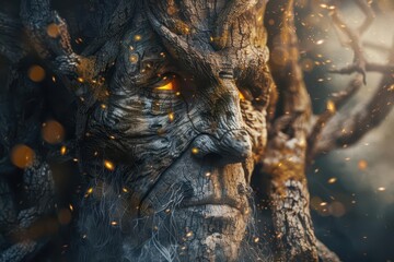 enchanted ancient tree with weathered face emerging from gnarled bark mystical forest atmosphere with glowing fireflies and misty background intricate details in wood texture