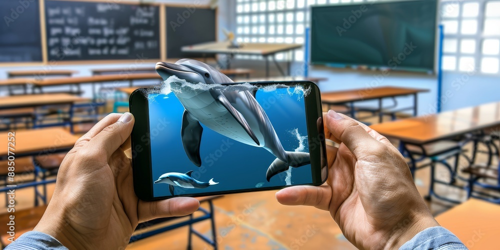 Poster augmented reality dolphins in a classroom, showcasing innovative education technology and interactiv
