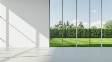 Contemporary office architecture, expansive windows, vibrant green lawn, bright sunny day, detailed and high-res, no people, focus cover all object