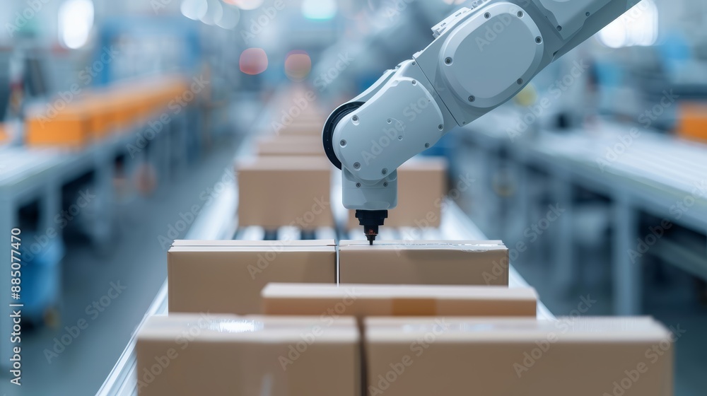 Poster detailed shot of a robotic arm working in an automated production line, showcasing enterprise-level 