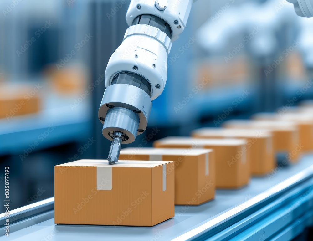 Poster detailed shot of a robotic arm working in an automated production line, showcasing enterprise-level 