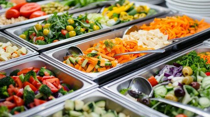 Detailed salad buffet layout with a mix of fresh greens, vibrant vegetables, olives, and toppings, set for a professional catering event, focus cover all object