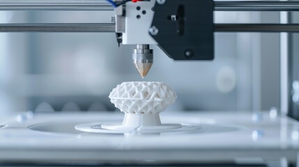 Detailed shot of a 3D printer fabricating a complex plastic part, high-res, no people, focus cover all object