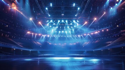 Brightly lit stadium interior with a central stage, capturing the ambiance of a grand event or concert venue.