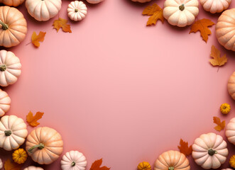 A collection of pumpkins on a pink background.
