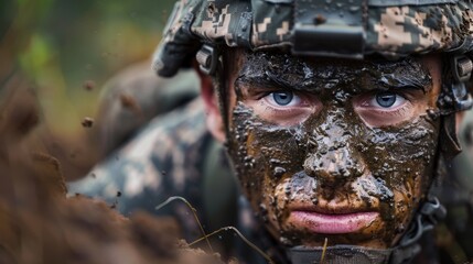 Determined American Soldier in Intense Muddy Obstacle Course Training