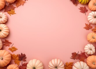 Fototapeta premium A collection of pumpkins on a pink background.