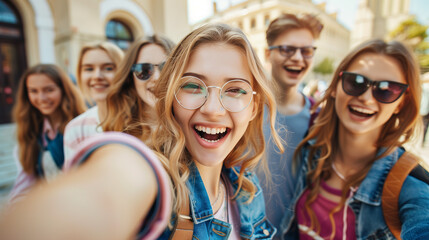 Fototapeta premium Young beautiful female smiling taking selfie with group of student friends before going to summer vacation 