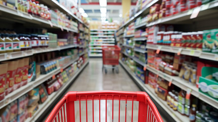 Fototapeta premium Empty red shopping cart in between shopping center aisle on blur background Concept of Retail Shopping of Groceries