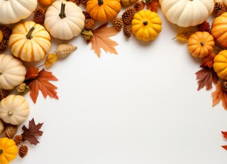 Autumn background with pumpkins, leaves, and cones on a white background.