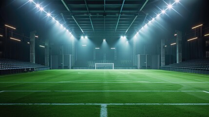 Central stage on a green soccer field surrounded by vacant chairs and light flashes, perfect for your product showcase.