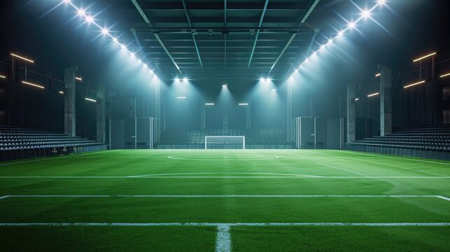 Central stage on a green soccer field surrounded by vacant chairs and light flashes, perfect for your product showcase.