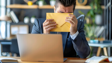 Man receives bad news through mail while working on laptop in office