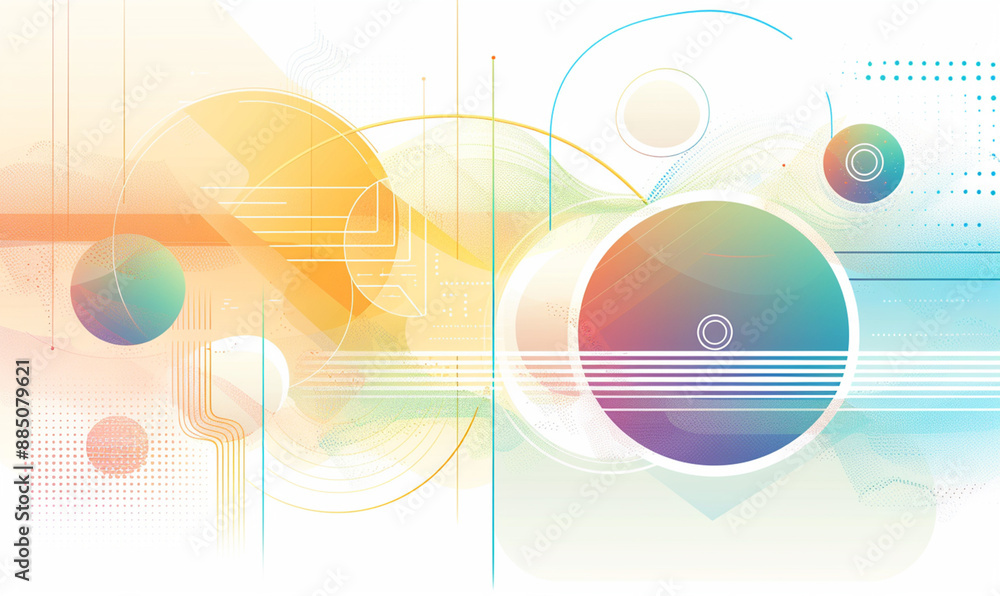 Poster light background with a gradient of colors, a light strip, circles, simple shapes, straight lines, v