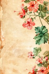 watercolor vintage scrapbook junk journal page, copy space in center, watercolor clipart of Geraniums at corner border on parchment paper, vintage art, for Junk Journal, Digital Paper, Printable 