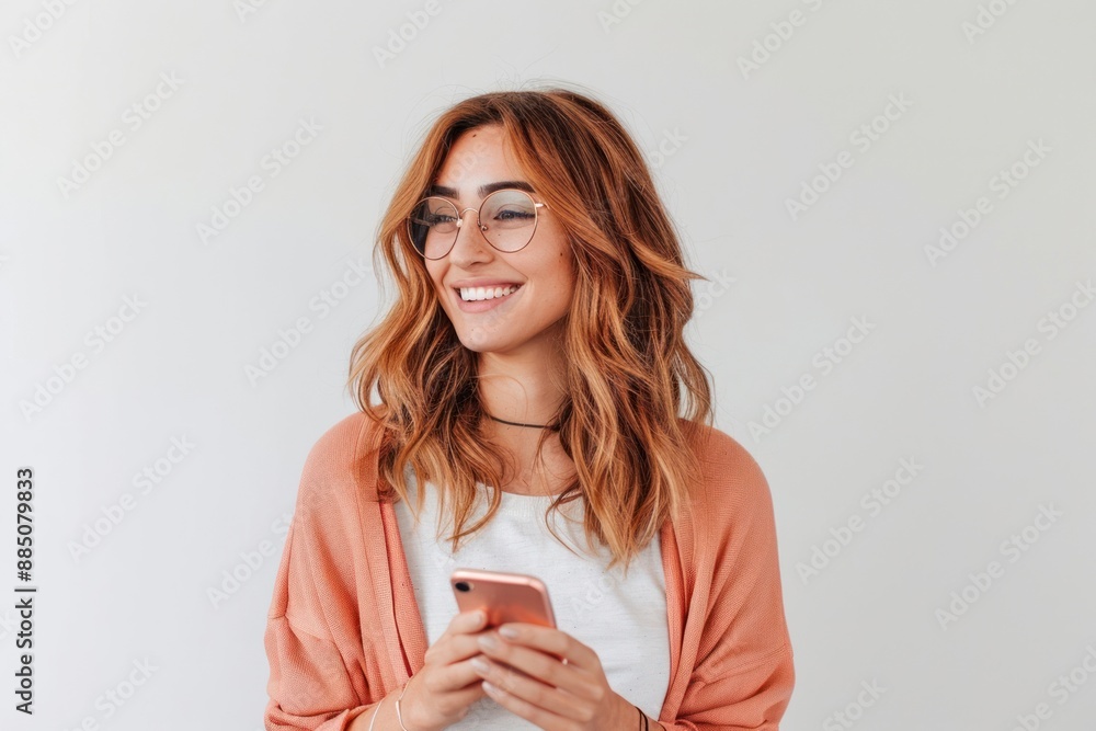 Poster Smiling woman holding smartphone