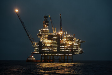 Offshore oil and gas jackup platform, during cargo operations with supply vessel in the sea at...