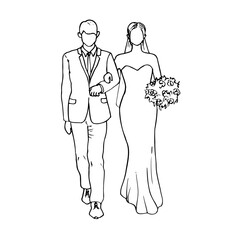 drawing of a man and a woman in a wedding dress, she holds on to it and carries a bouquet of flowers - hand drawn doodle