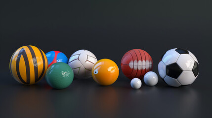 This 3D rendering features three distinct sports balls: a basketball, a football, and a volleyball. Each ball is depicted with high-quality textures and realistic details, set against a neutral 