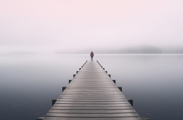 Solitary Figure Standing at the End of a Pier in the Misty Morning with Calm Water All Around