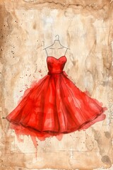 Obraz premium watercolor clipart of Halter dress on parchment page, vintage scrapbook page, copy space in center, for Junk Journal, Digital Paper, Printable Journaling page, Scrapbooking 