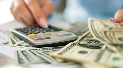 A close-up of a person using a calculator to manage cash, emphasizing financial planning and budget organization