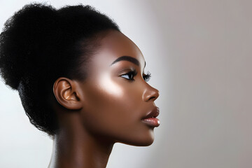 Naklejka premium Black woman, facial profile and beauty in studio, isolated white background and mockup, Female model, face side and dermatology for skincare, aesthetic makeup and natural cosmetics for salon wellness