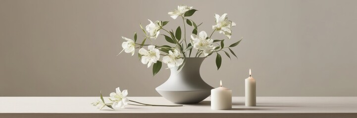 Fototapeta premium A high-quality photograph of a minimalist still life with a modern vase, white flowers, and candles on a wooden table.