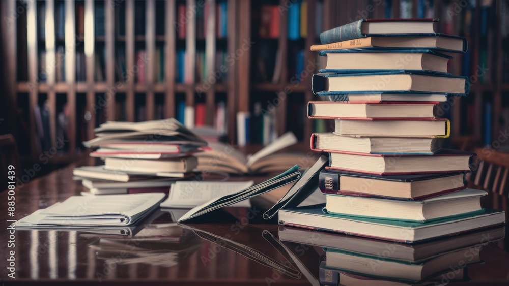 Poster A stack of books on a table in front of some shelves, AI