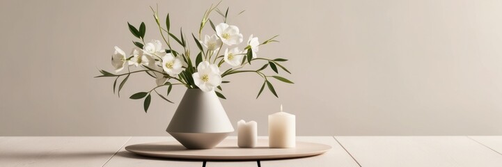 A high-quality photograph of a minimalist still life with a modern vase, white flowers, and candles on a wooden table.