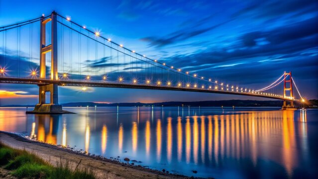 Vibrant night shot of Humber Bridge's majestic span, illuminated Hessle Foreshore beacon, and serene estuary waters, celebrating pompous grandeur.