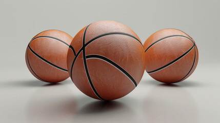 This 3D rendering features three distinct sports balls: a basketball, a football, and a volleyball. Each ball is depicted with high-quality textures and realistic details, set against a neutral 