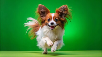 Adorable, fluffy papillon dog runs energetically in place on a bright green screen background, creating a humorous, playful scene.