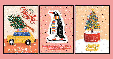 Vector retro posters in cartoon style hand-drawn on the theme of New Year and Christmas greeting cards with kind greetings