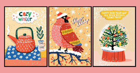 Vector retro posters in cartoon style hand-drawn on the theme of New Year and Christmas greeting cards with kind greetings