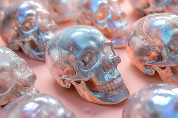 Human skulls on pink background