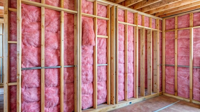 Newly constructed wood framed wall with pink fibrous batt insulation installed and rough-in boxes for electrical wiring and outlets visible.