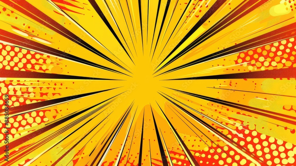 Poster dynamic yellow and orange starburst background with halftone, creating a bold comic-style visual.