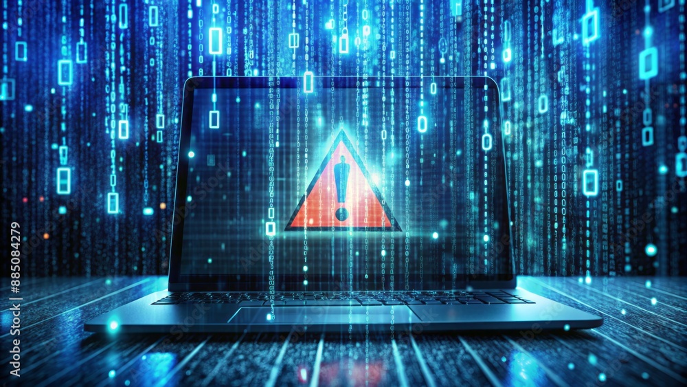 Aufkleber a futuristic dark background with suspicious code, warning signs, and cracked screens depicting a cy