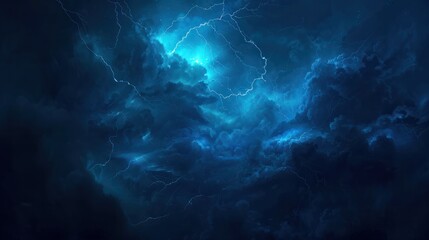 In the midst of a tempestuous night sky, a brilliant bolt of lightning illuminates the darkness, its electric blue hue casting an eerie glow across the stormy clouds.