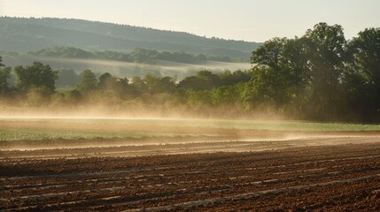 Fototapeta premium Field irrigated with sprinklers due to arid conditions Damp and dry ground ahead Location Germany