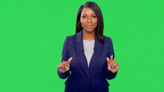 Black woman presenting news Screen writing background. Portrait, reporter or journalist in speech, communication or presentation background Keywords: