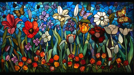 stained glass art of A lush garden bursting with colorful flowers like roses, lilies, and tulips, butterflies fluttering among the blossoms.