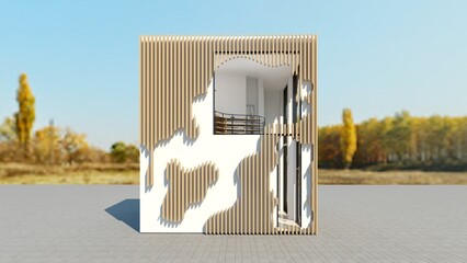 Store extrerior rendering with natural background- Store with parametric wood facade and abstract fenestrations