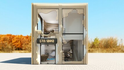 Store extrerior rendering with natural background- Store with parametric wood facade and abstract fenestrations